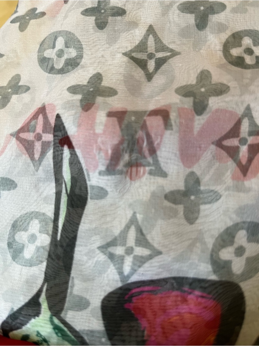 Louis Vuitton Sheer Scarf with Red Rose Motif and Gray Monogram - Picture 4 of 4